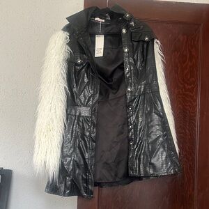 Black Faux Leather Jacket with White Faux Fur Sleeves